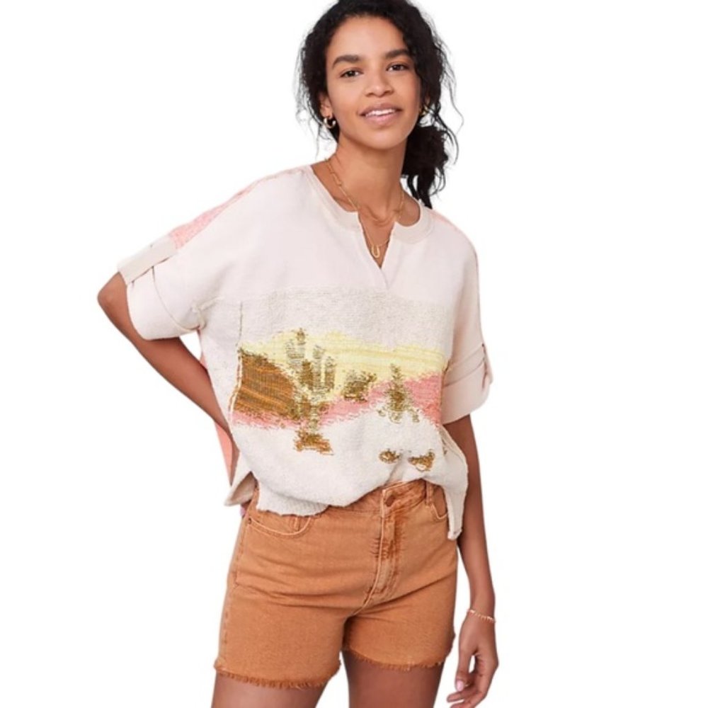 Pilcro Anthropologie Intarsia Sweater Tee Desert Cactus Scenery Knit Print Boho